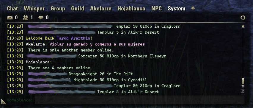 Image showing in game chat with the members of two guilds online
